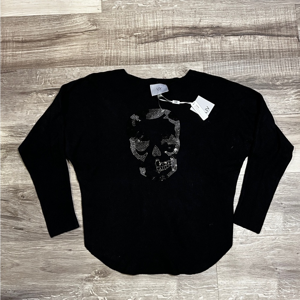 New Stylish Black Skull Rhinestone Sweater Liv Milano Small